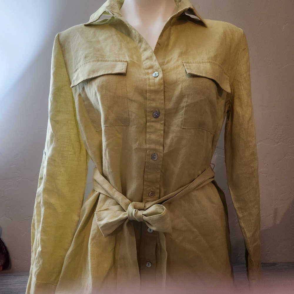 Magaschoni Linen Shirt Dress Size M Belted Midi Mild‎ Green Yellow Buttondown